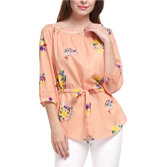 Boutique Tops - Floral 3/4 Sleeves Drawstring Waist Tunic Top